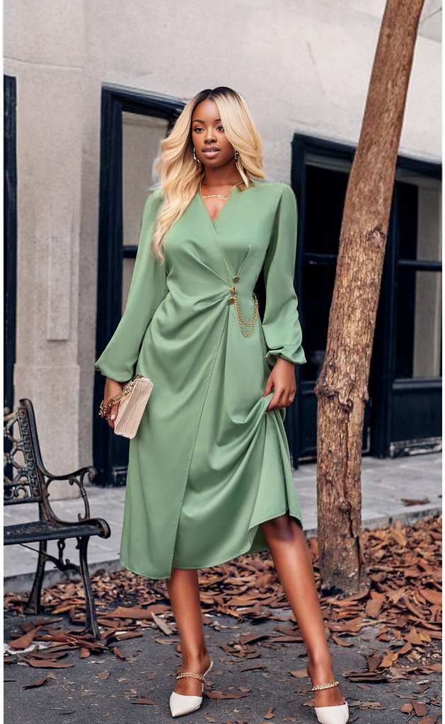 Surplice Neck Puff Sleeve Midi Dress