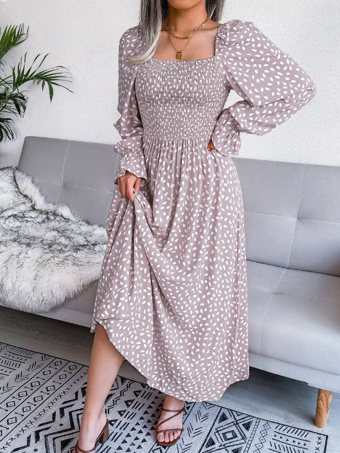 Smocked Square Neck Flounce Sleeve Dress - Three Color Choices