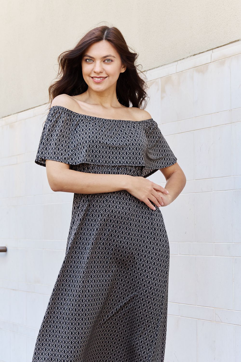 Uylee's Boutique My Best Angle Geometric Pattern Off The Shoulder Midi Dress in Black
