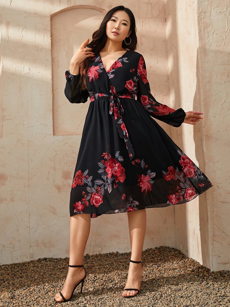 Uylee's Boutique Plus Size Floral Surplice Neck Tie Waist Dress