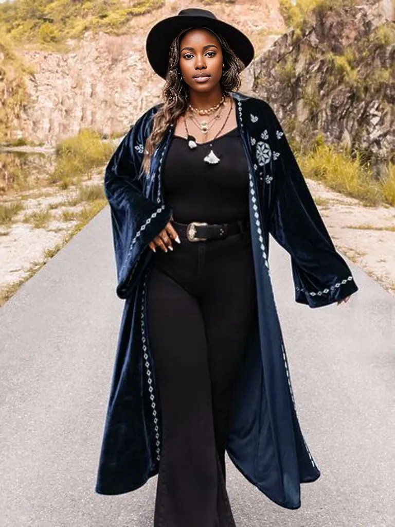 Plus Size Embroidery Open Front Long Sleeve Cardigan