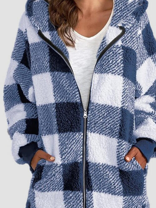 Plaid Zip Up Hooded Jacket with Pockets - Various Colors
