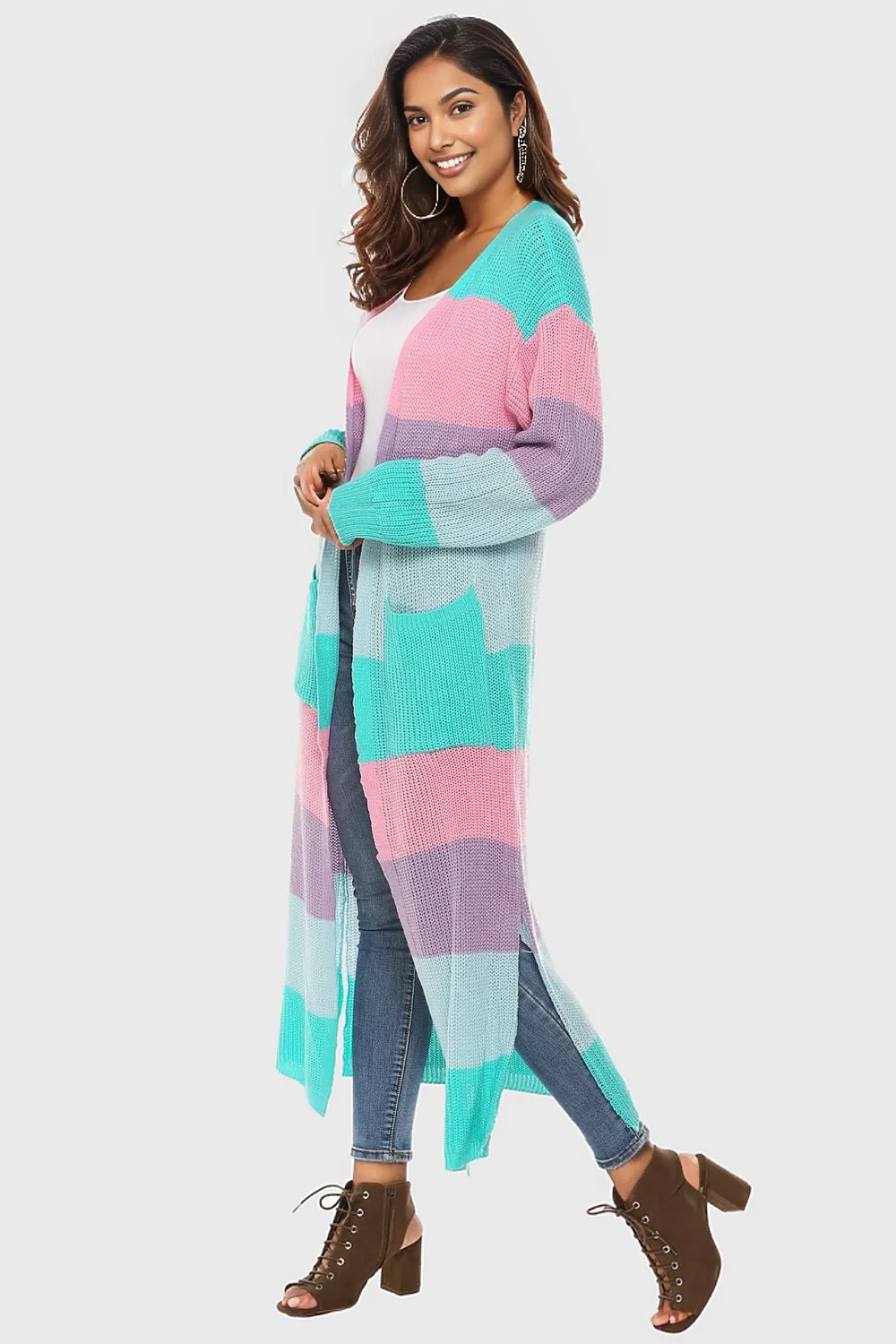 Color Block Long Sleeve Pocketed Cardigan
