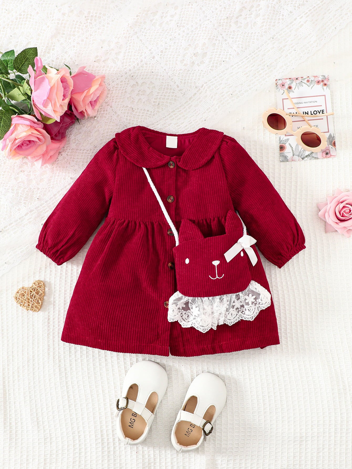 Uylee's Boutique Peter Pan Collar Buttoned Long Sleeve Dress
