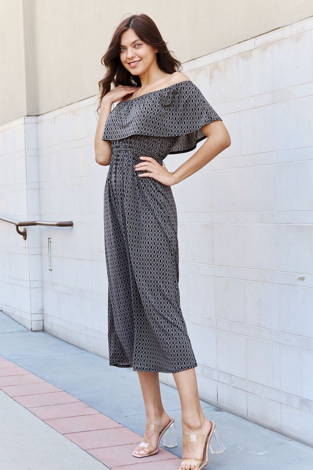 Uylee's Boutique My Best Angle Geometric Pattern Off The Shoulder Midi Dress in Black