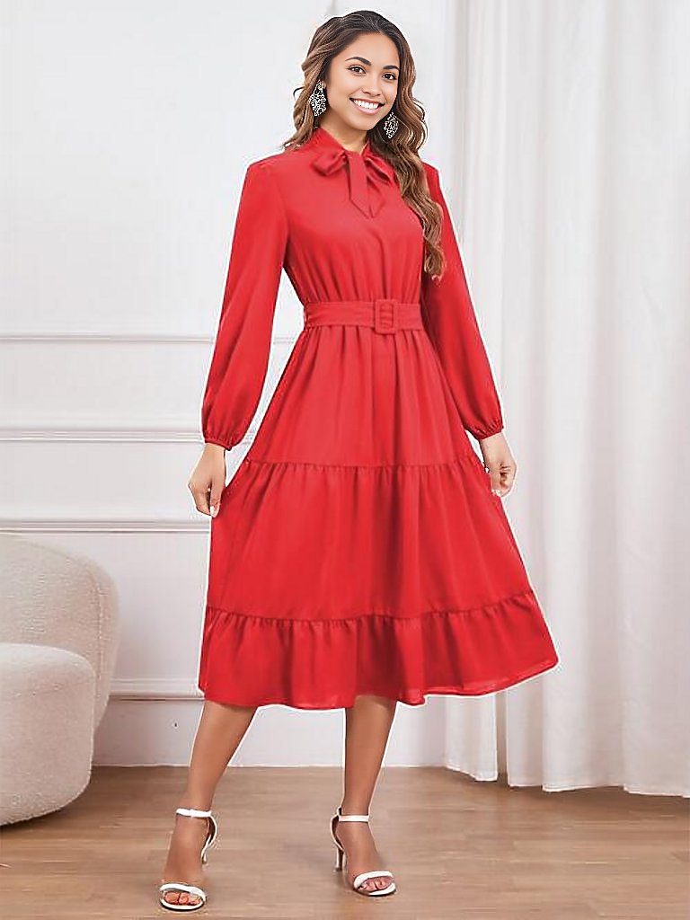 Tie Neck Long Sleeve Tiered Dress