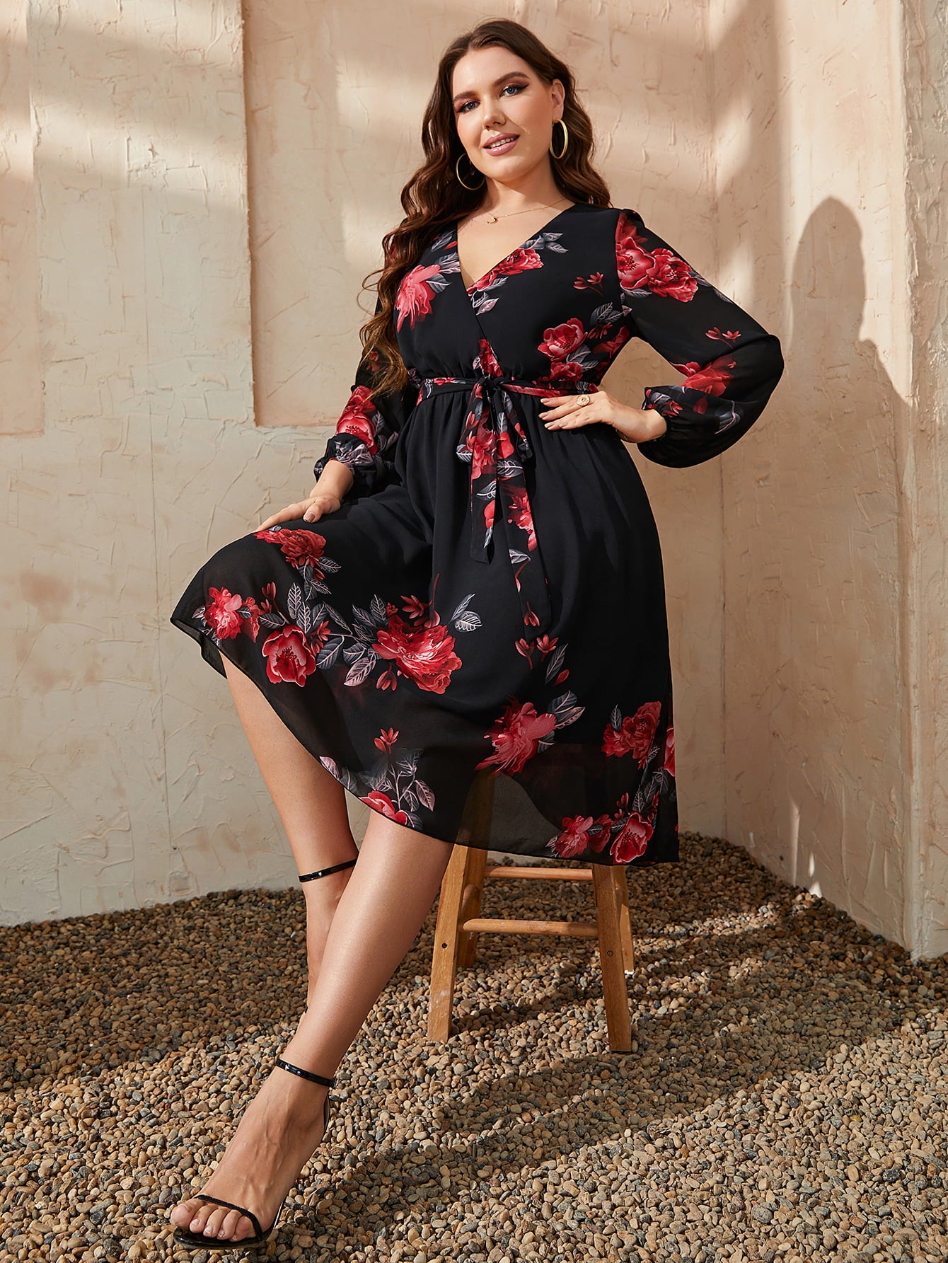 Uylee's Boutique Plus Size Floral Surplice Neck Tie Waist Dress