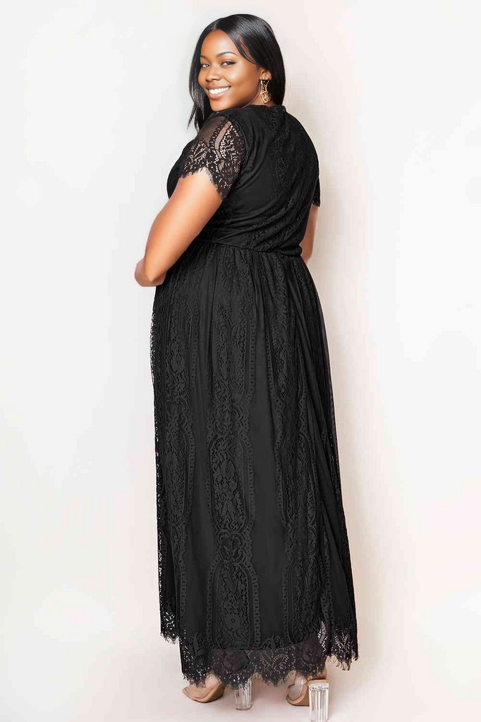 V-Neck Short Sleeve Lace Maxi Dress