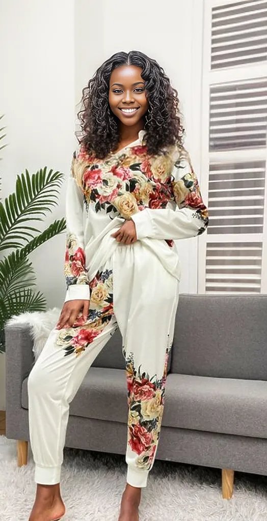 Printed Round Neck Top and Drawstring Pants Lounge Set
