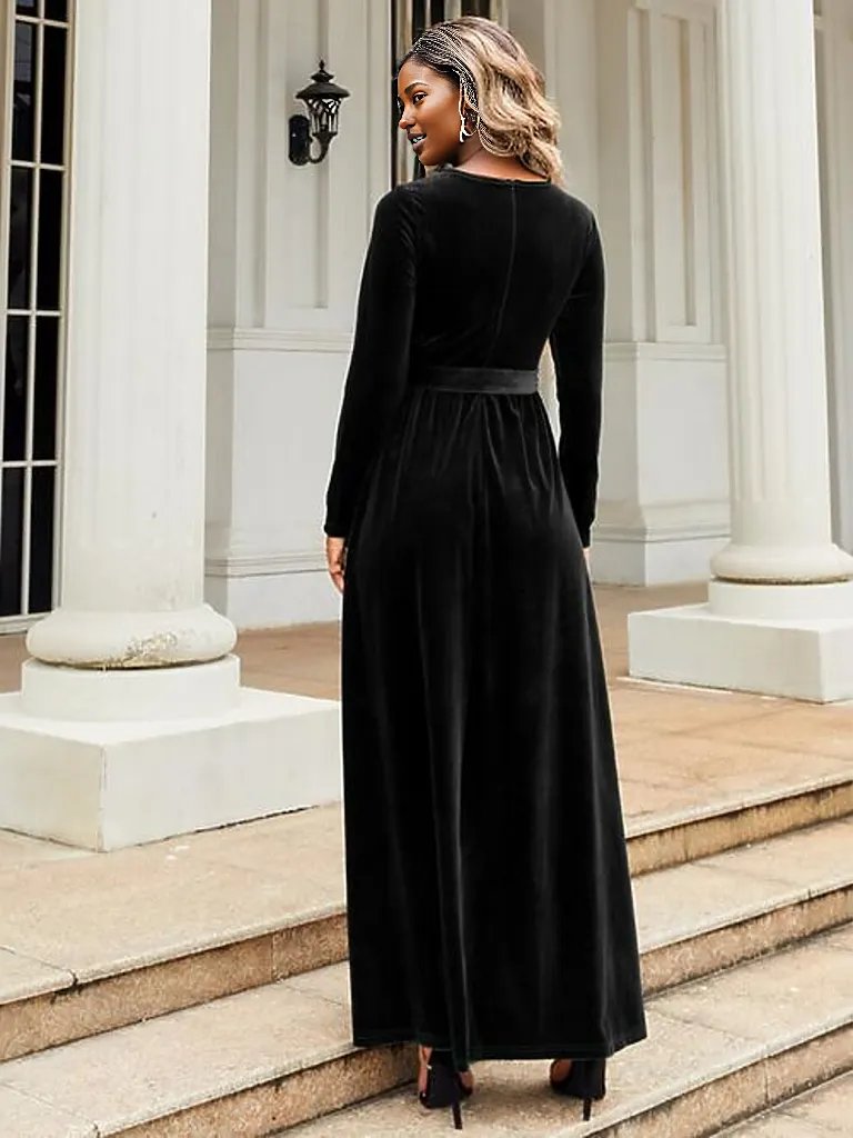 Tie Front Round Neck Long Sleeve Maxi Dress