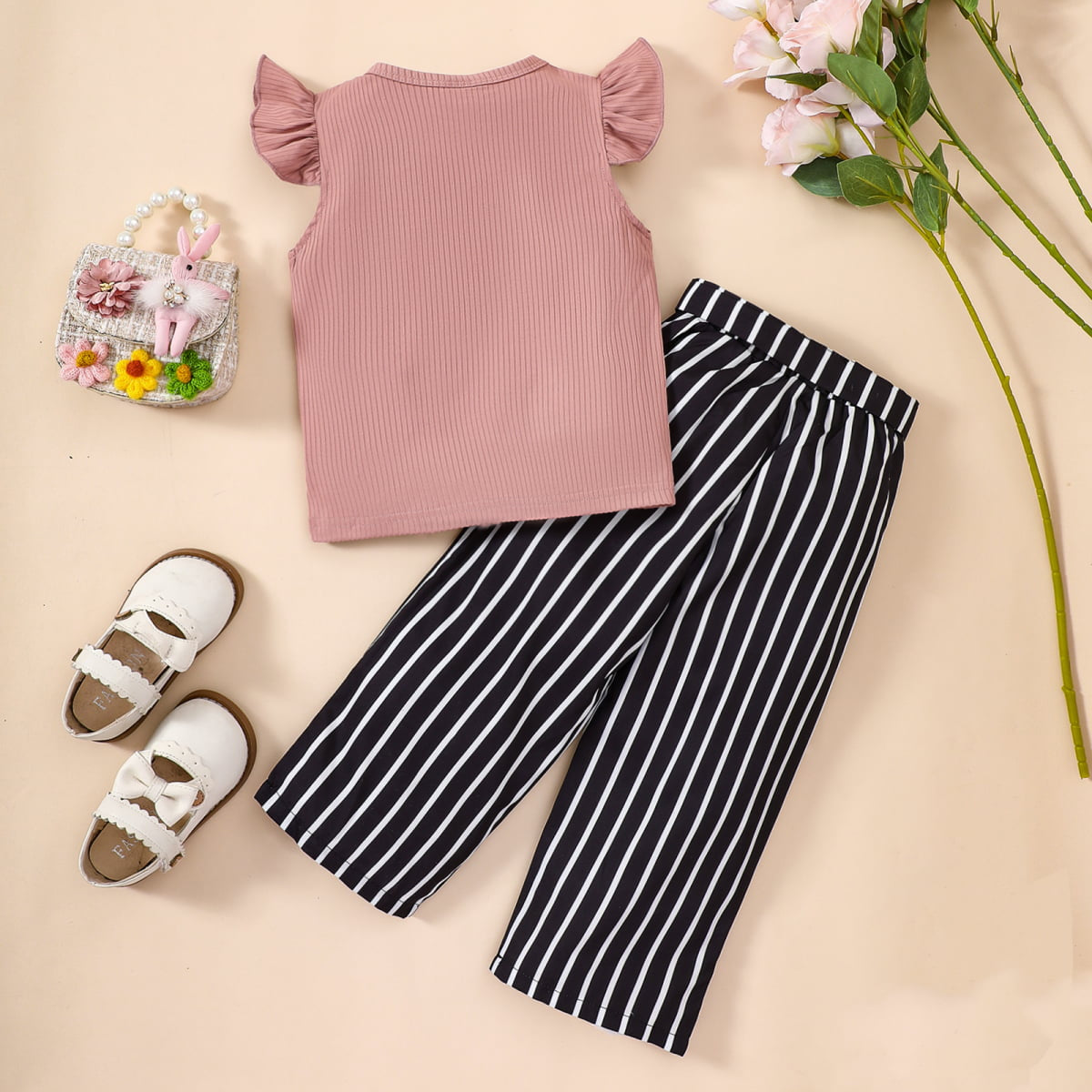 Uylee's Boutique Round Neck Butterfly Sleeve Top and Striped Pants Set
