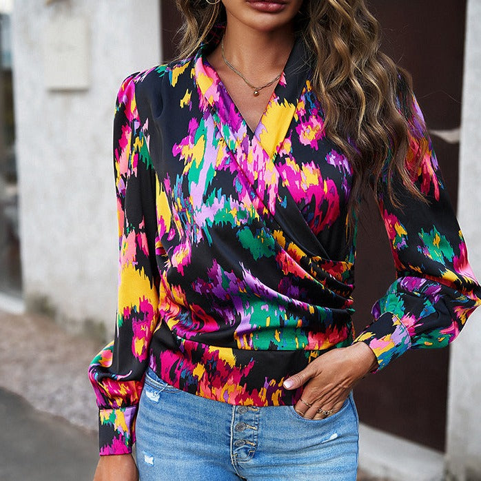Printed Surplice Neck Long Sleeve Blouse