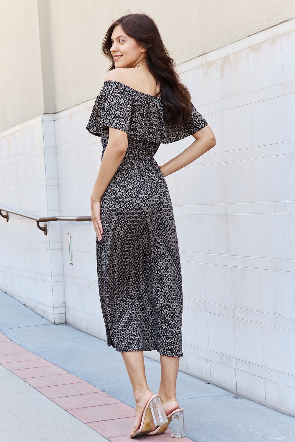 Uylee's Boutique My Best Angle Geometric Pattern Off The Shoulder Midi Dress in Black
