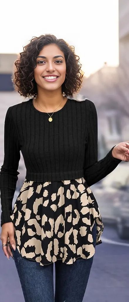Leopard Peplum Round Neck Blouse