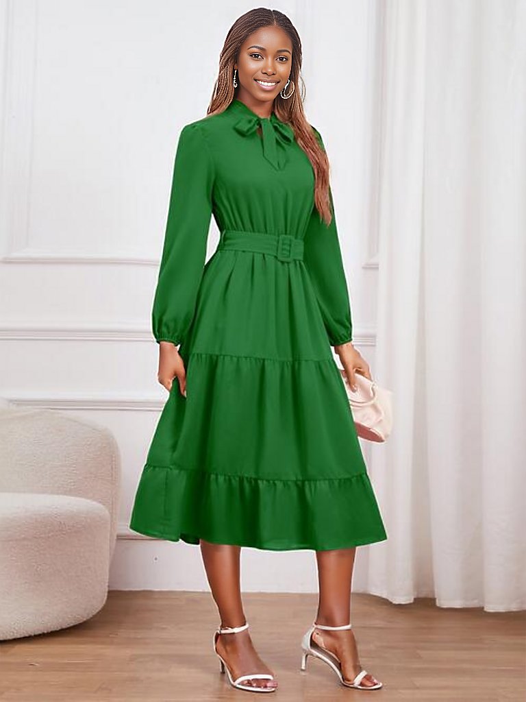 Tie Neck Long Sleeve Tiered Dress