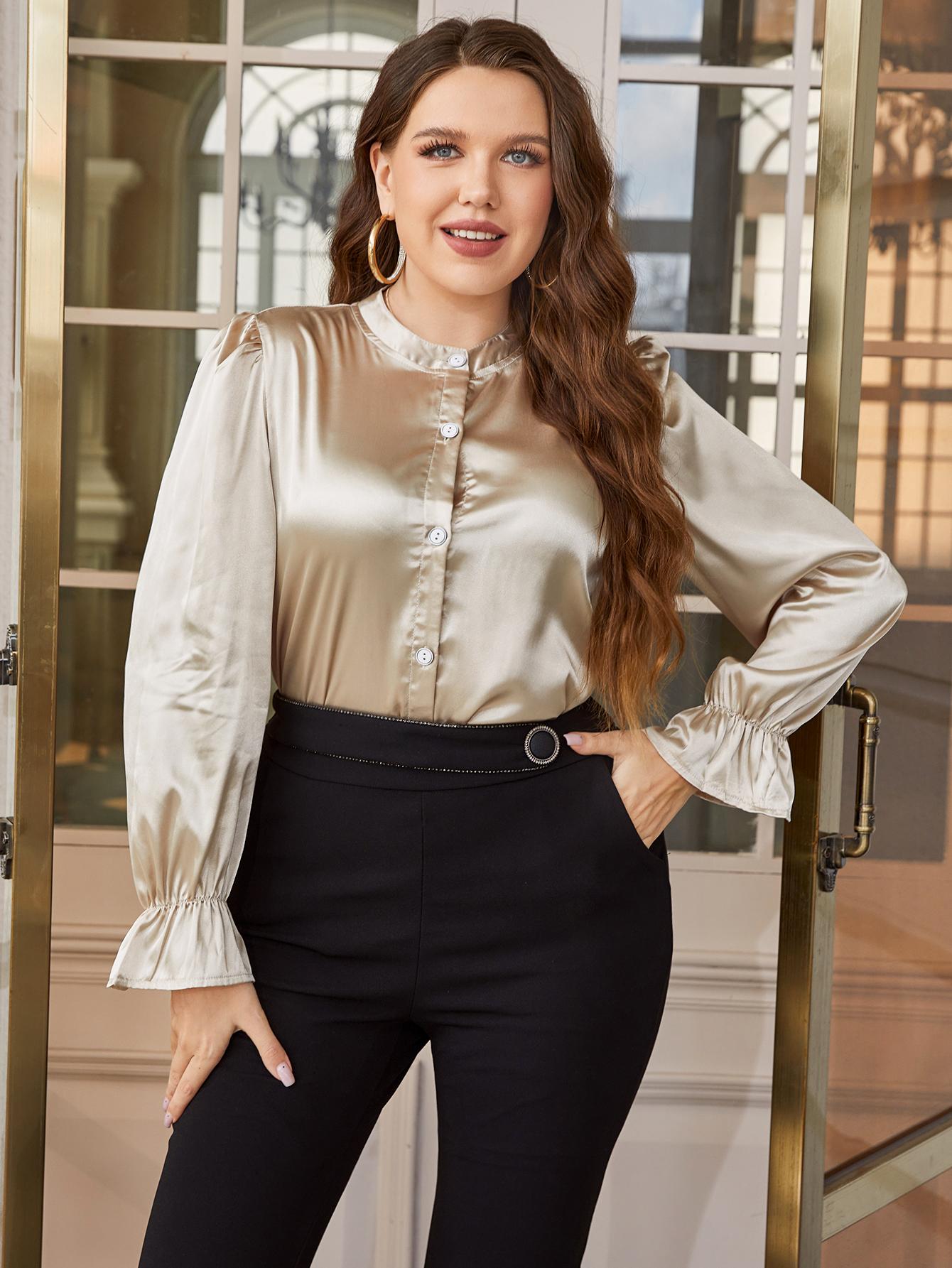 Uylee's Boutique Plus Size Flounce Sleeve Band Collar Shirt