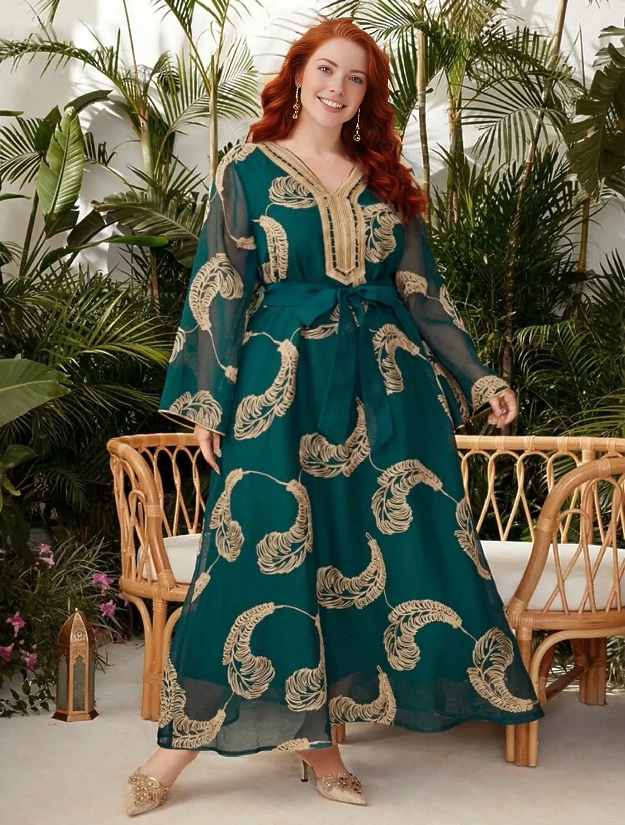Feather Print Green Flow Dress, Sizes 0XL - 4XL (US 12 - 20)