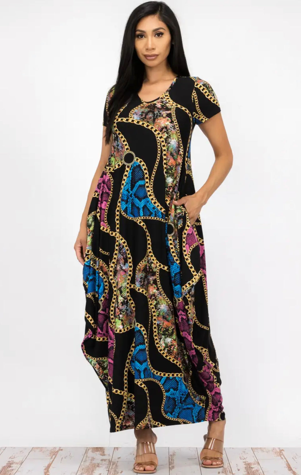 Chain Print Short Sleeve Maxi Dress, Sizes Small - 3XLarge - Large Chain Print Short Sleeve Maxi Dress, Sizes Small - 3XLarge - Large