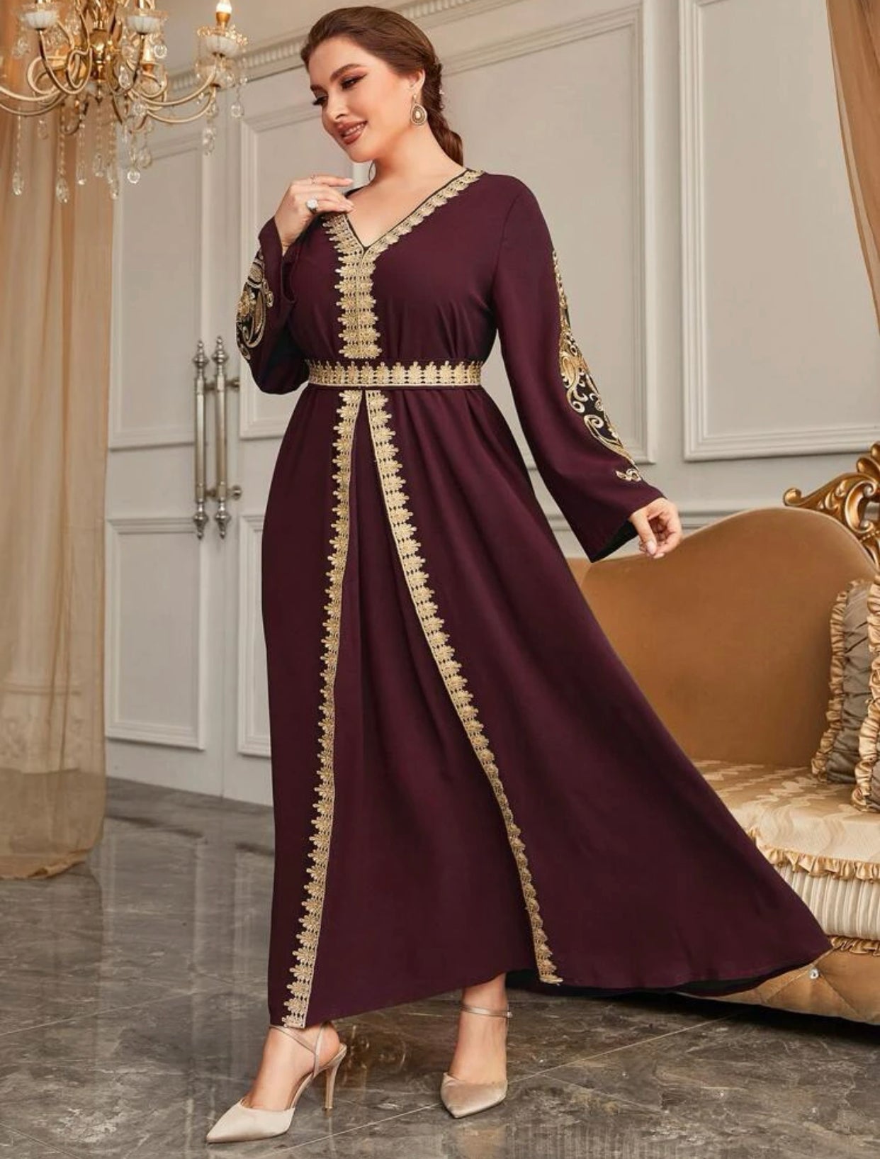 Elegant Maroon Embroidered Dress, Sizes 0XL - 4XL (US 12 - 20)