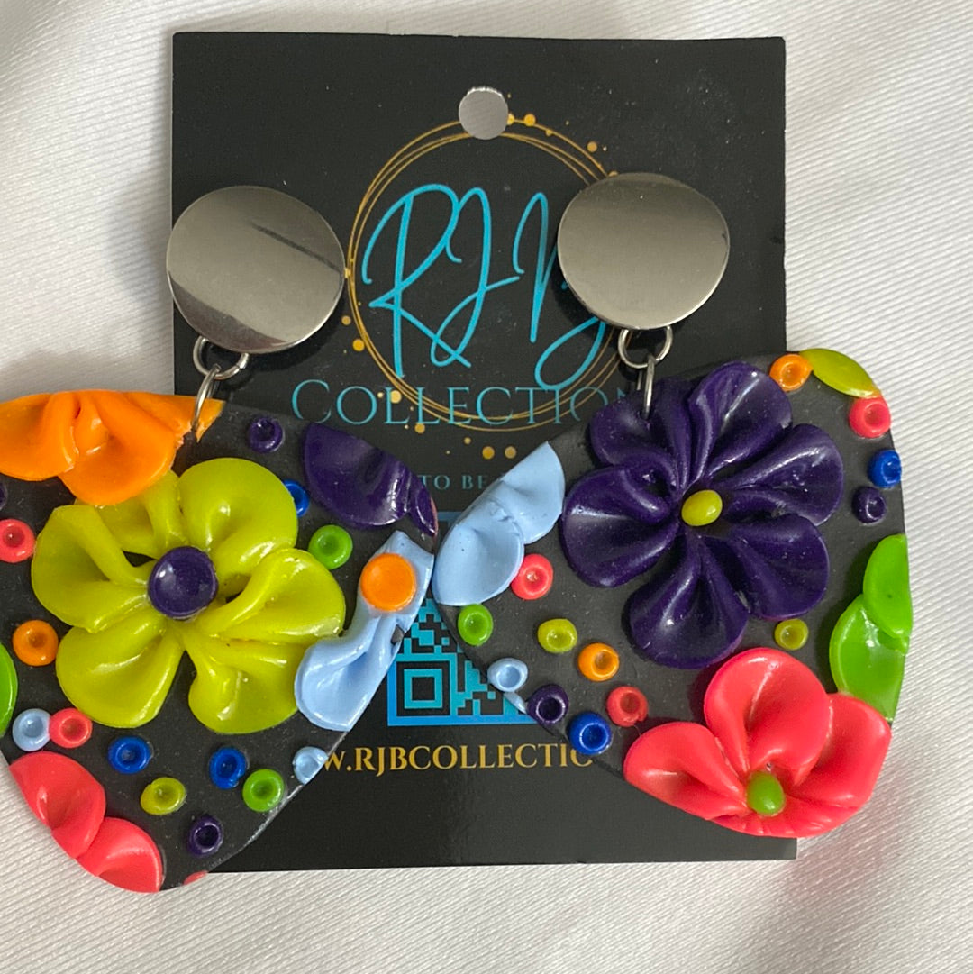 Handmade Silver Top 3D Floral Dangle Pierced Earrings
