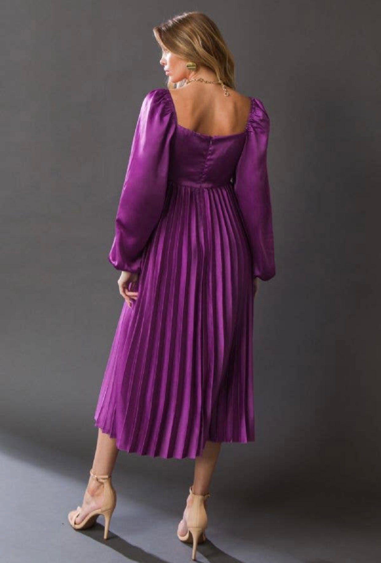 Dark Orchid Satin Bishop Sleeve Dress (Sizes Small - Large)