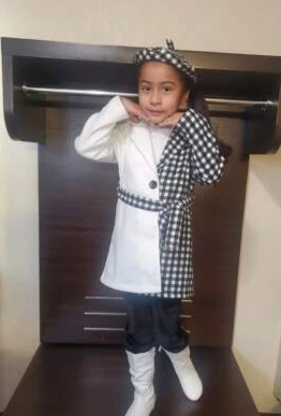 Girls Gingham Belted Wool-Mix Coat & Flare Leg Pants with Hat