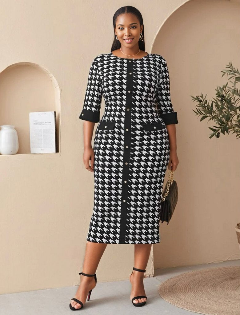 Houndstooth Print Back Slit Dress, US Sizes 12 - 22