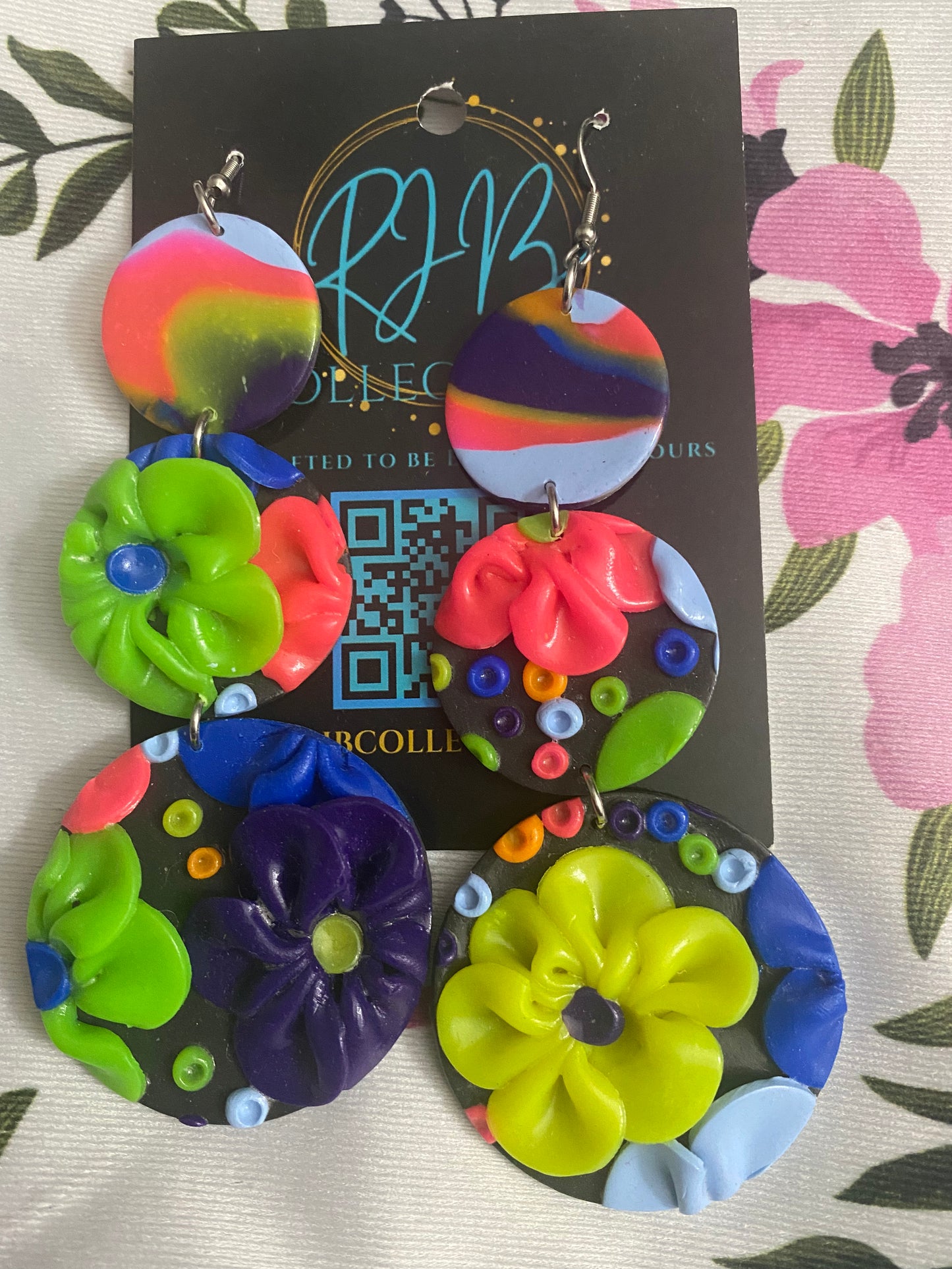 Handmade 3D Floral Dangle Hook Earrings