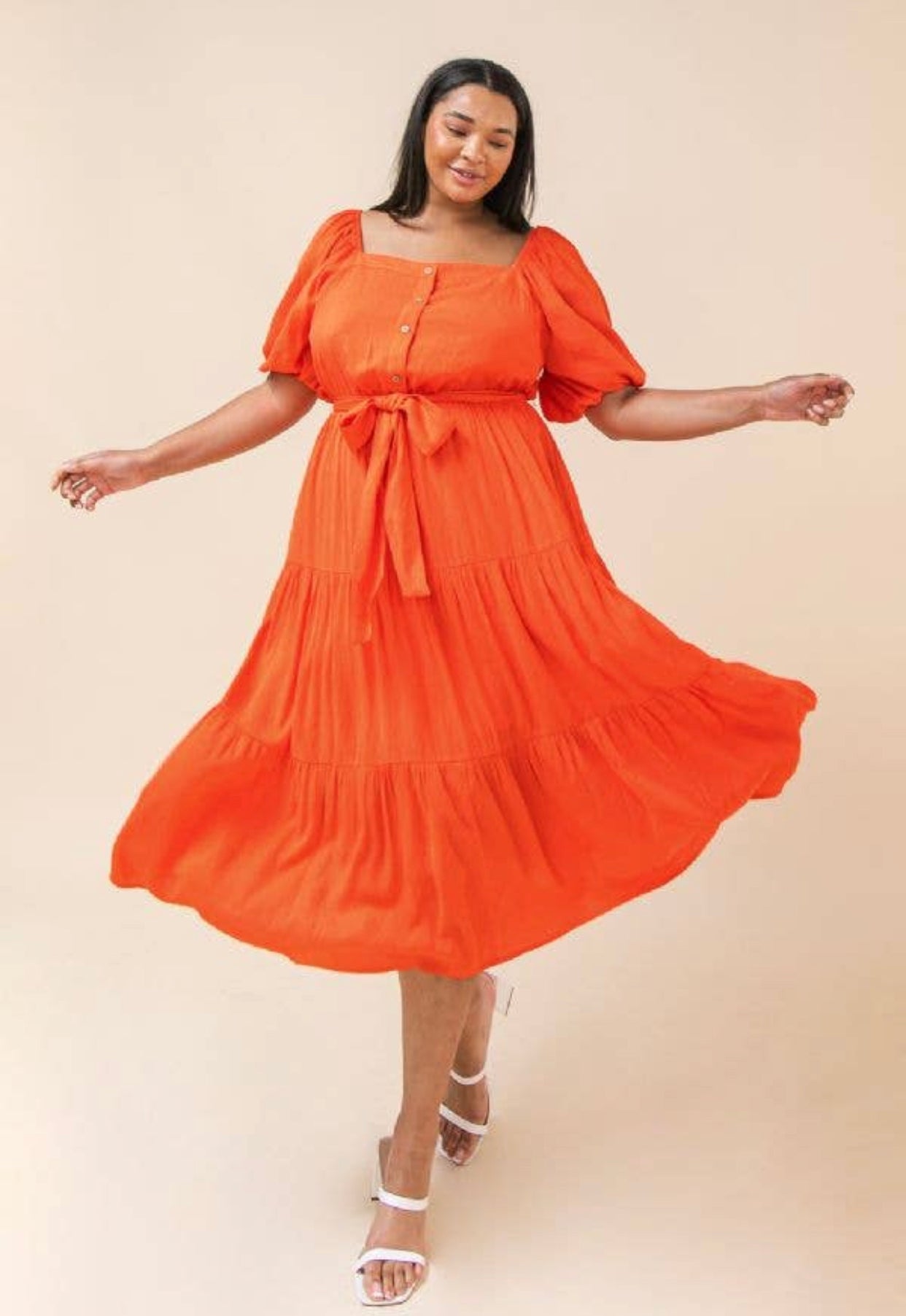 Solid Coral Midi Dress, Sizes 1X - 3X
