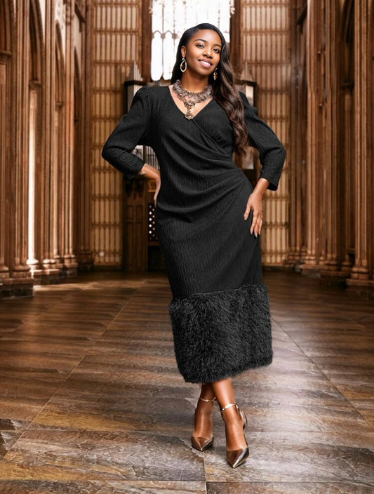 Surplice Neck Fuzzy Hem Dress
