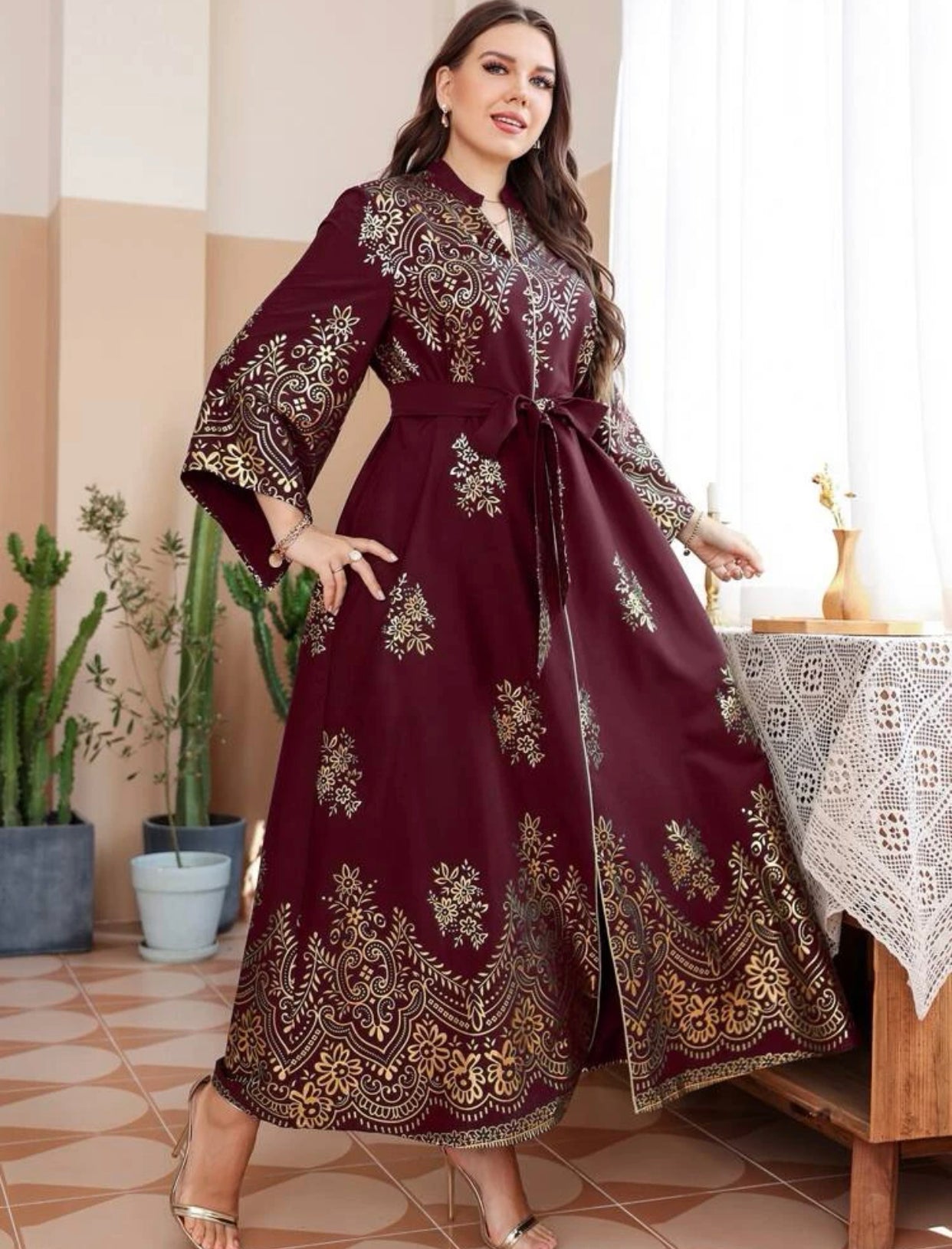Burgundy Gold Floral Indian/ Arabic Dress (US Sizes 12 - 20)