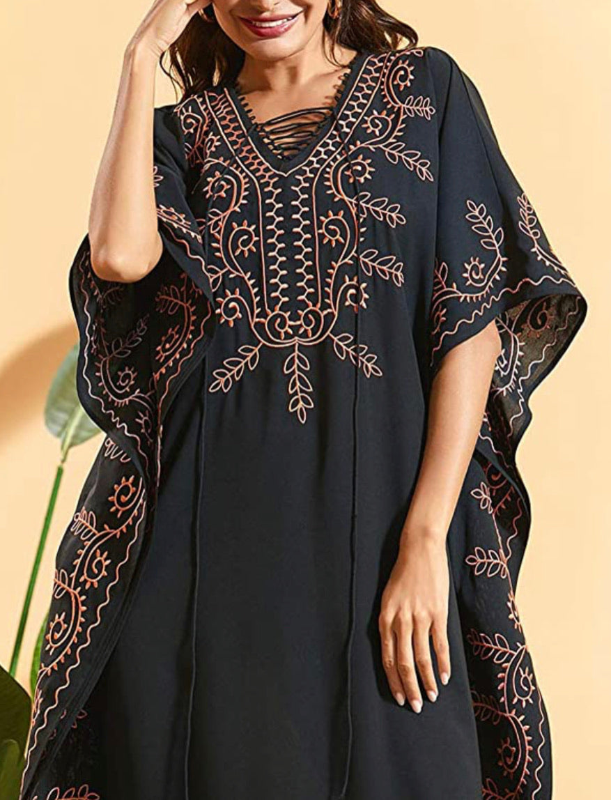 Women’s Caftan Oversized Loungewear, One Size, Solid Black with Brown Embroidery