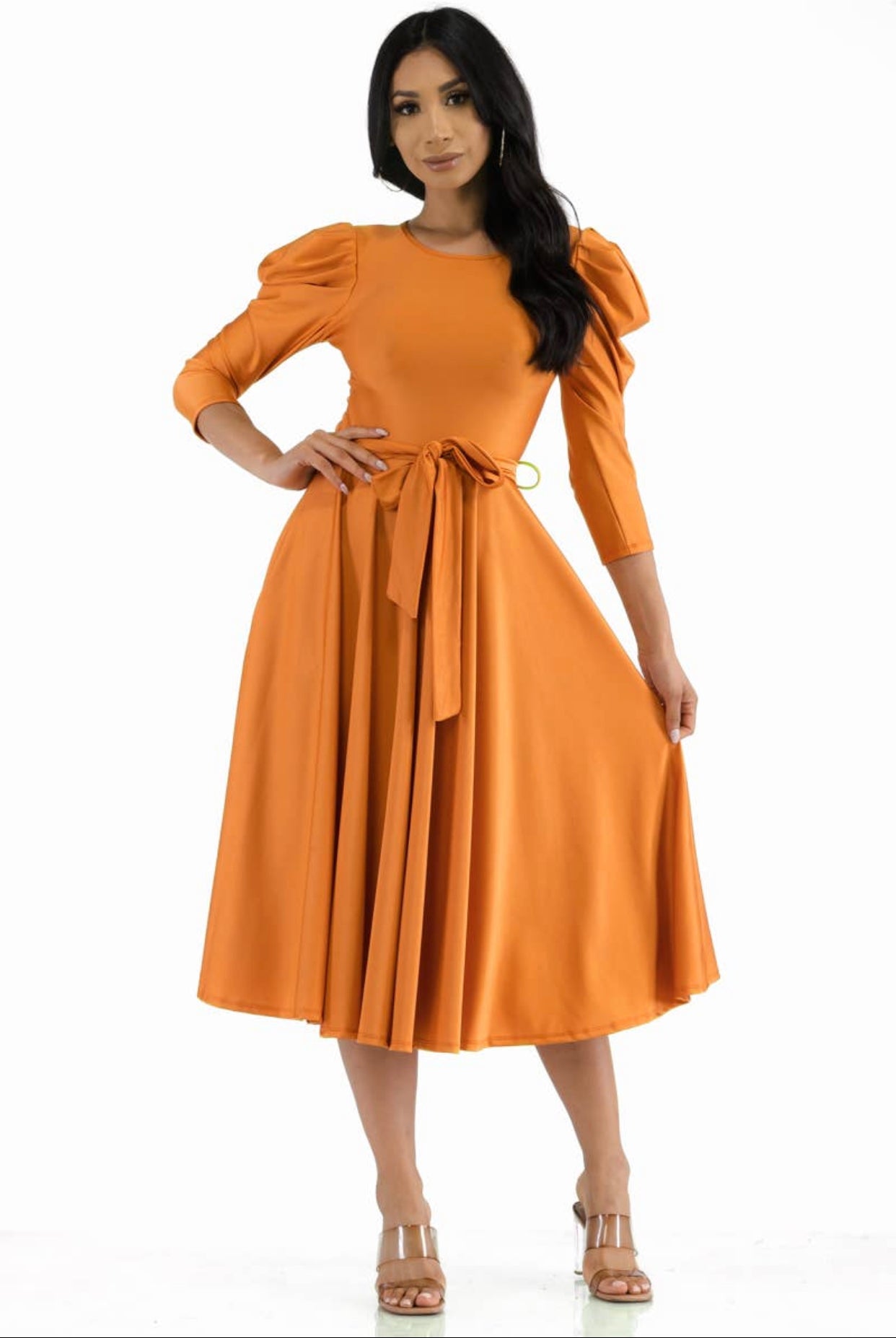 Puff Sleeve Cocktail Dress, Sizes 1X - 3X (Orange)