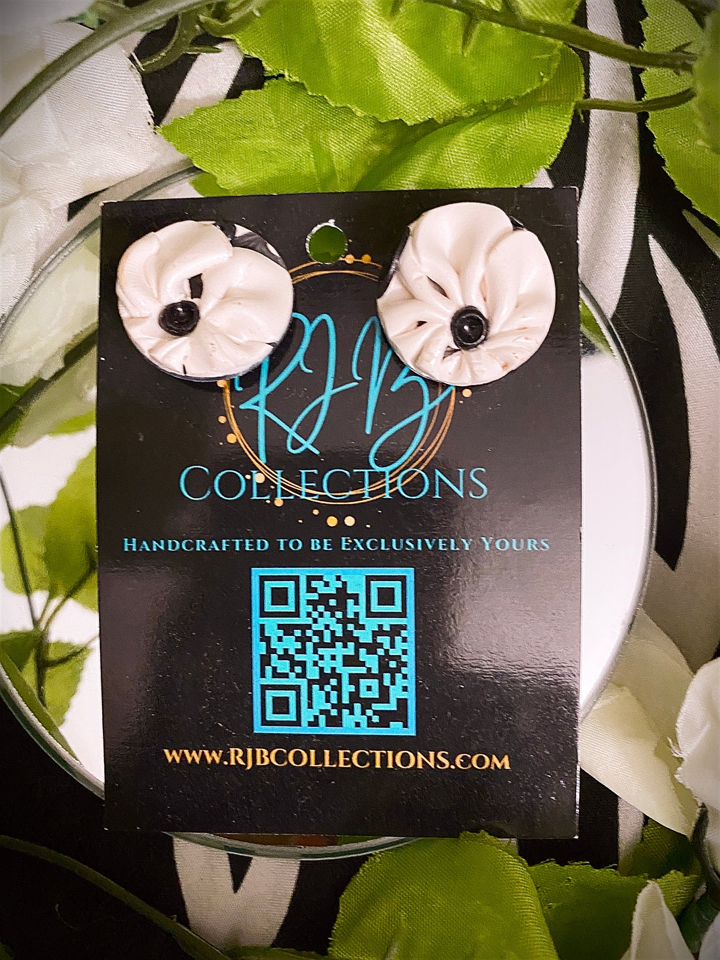 Handmade Black and White Floral Pierced Earrings