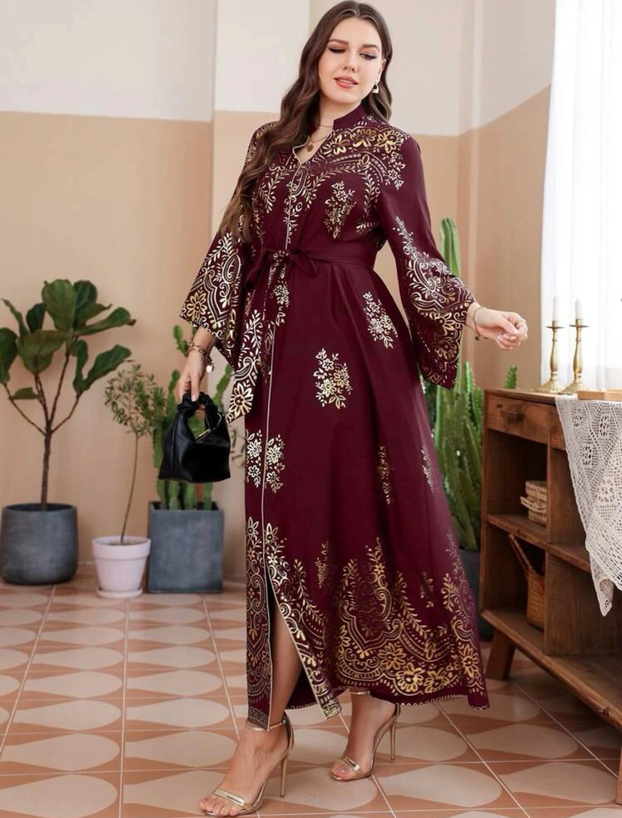 Burgundy Gold Floral Indian/ Arabic Dress (US Sizes 12 - 20)