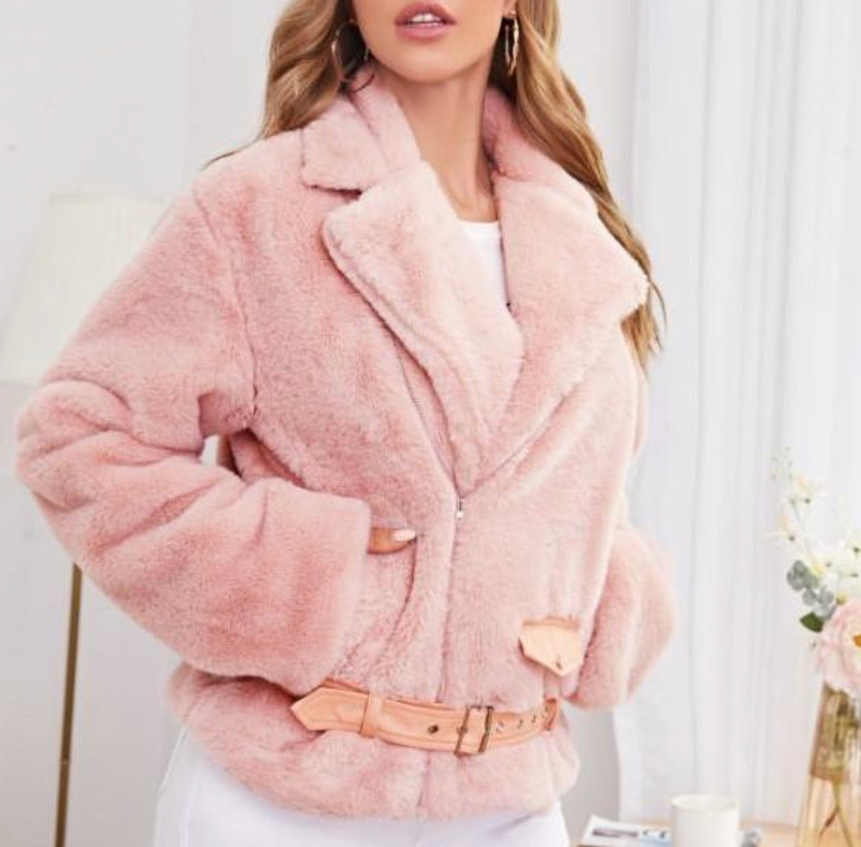 FLUFFY LAPEL COLLAR LONG SLEEVE BELTED COAT, Sizes XSmall - Large