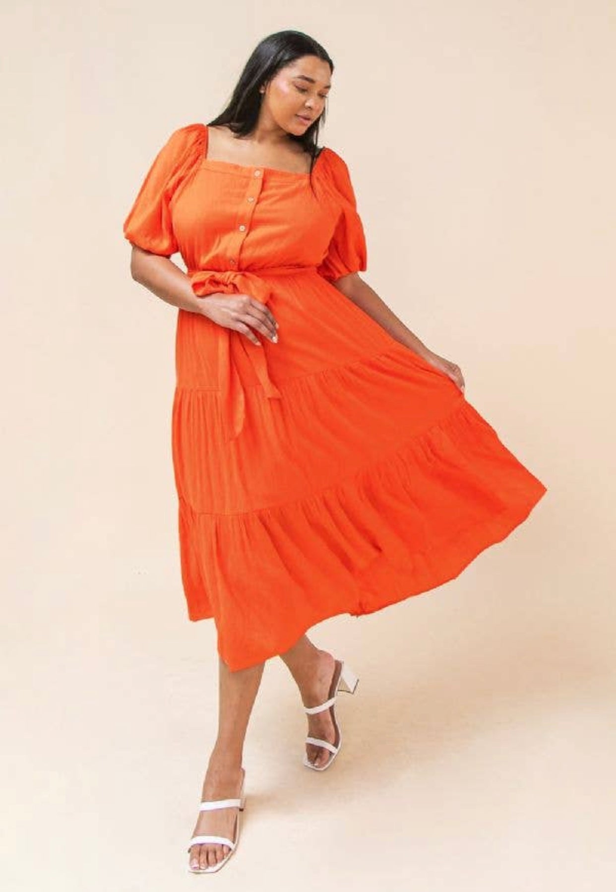 Solid Coral Midi Dress, Sizes 1X - 3X