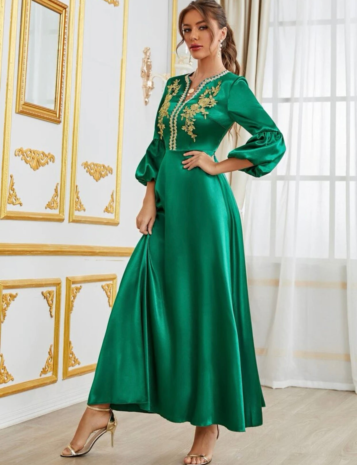 Floral Embroidered Lantern Sleeve Dress