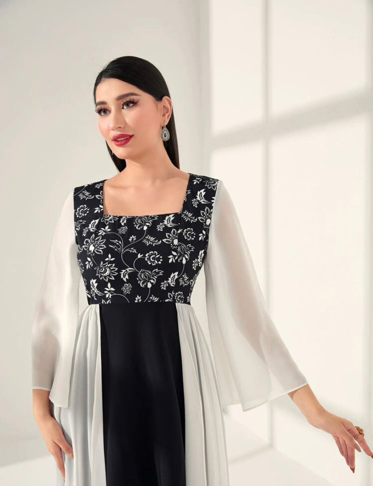 Asymmetrical Embroidered Trumpet Sleeve Dress