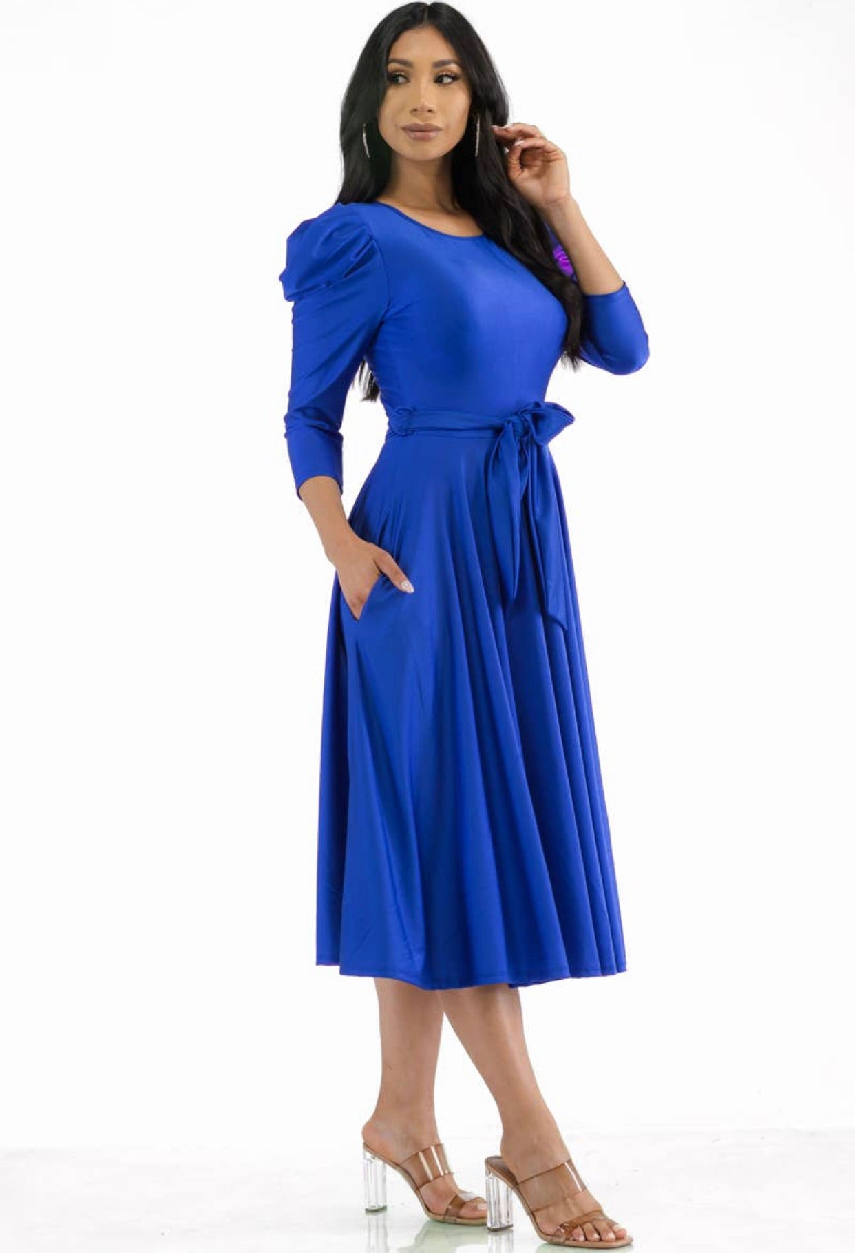 Puff Sleeve Cocktail Dress, Sizes 1X - 3X (Royal Blue)