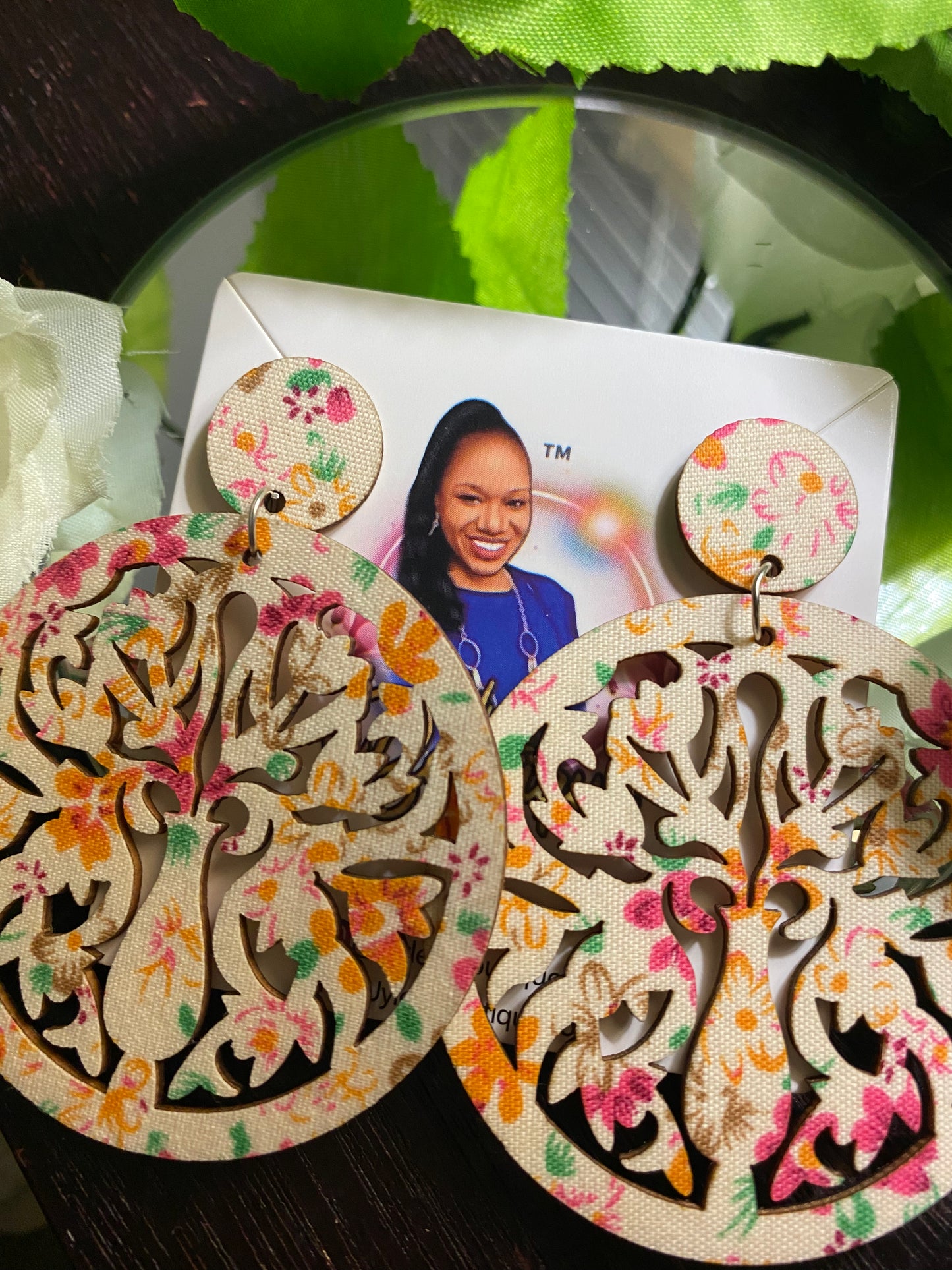 Round Hand Made Fabric African Print Wooden Earrings