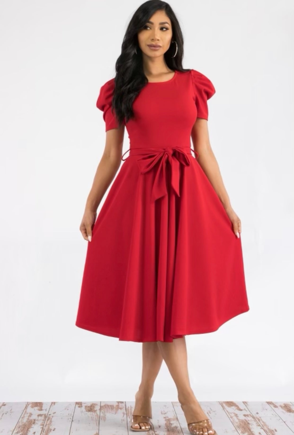 Puff Sleeve Cocktail Dress, Sizes 1X - 3X (Red)