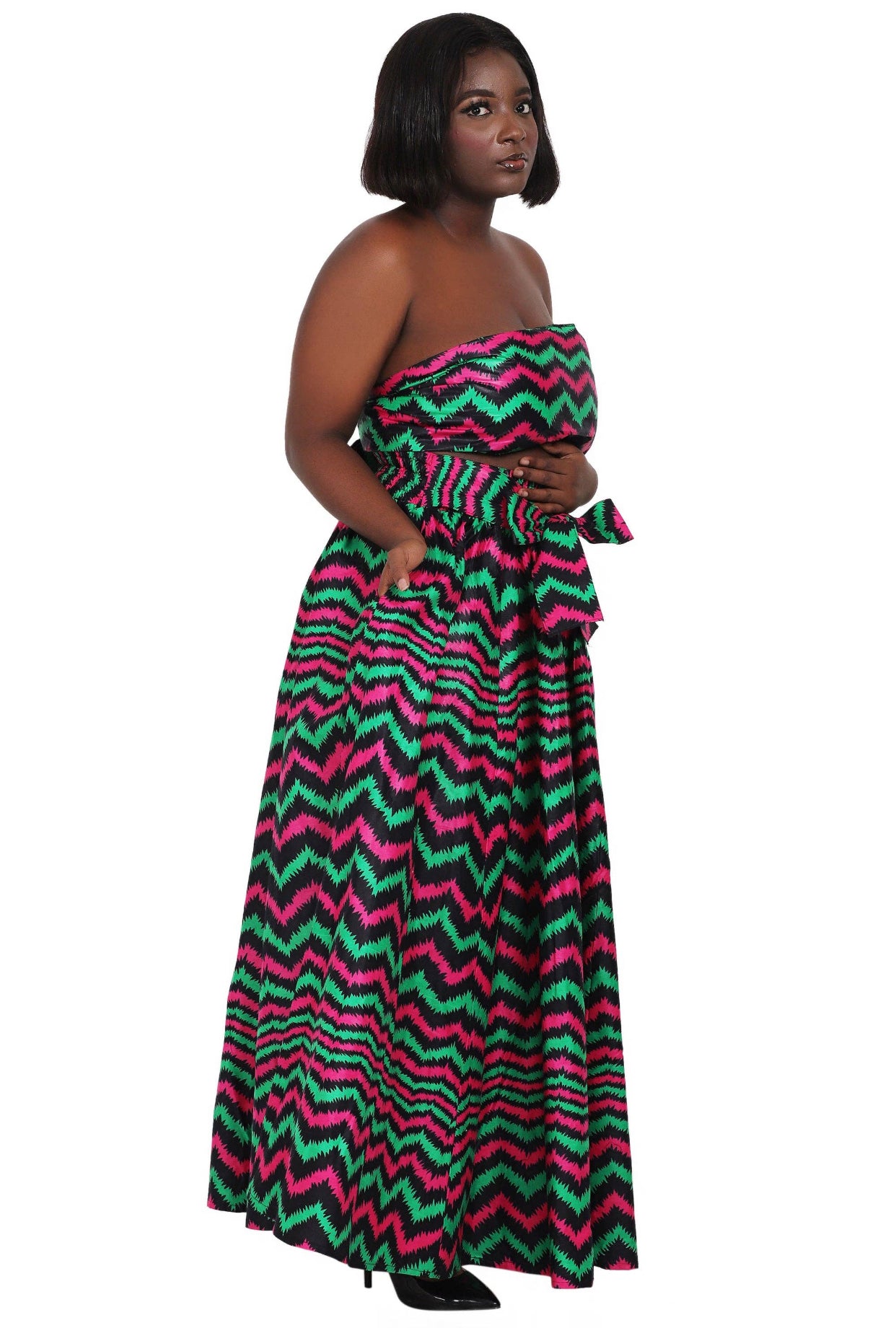 Hand Made African Print Full Skirt with Coordinating Head Wrap and FaceMask (Magenta, Green, Black)