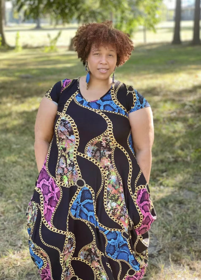 Chain Print Short Sleeve Maxi Dress, Sizes Small - 3XLarge