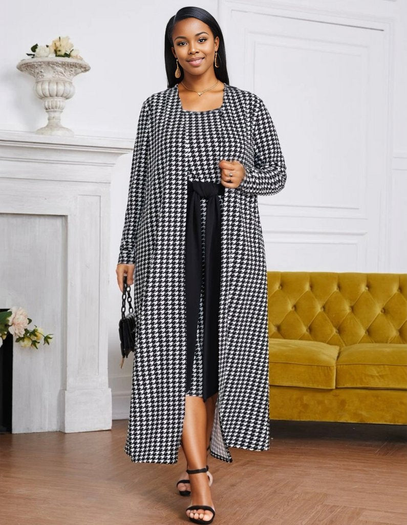 Houndstooth Open Front Coat and Tie Front Dress, US Sizes 0 - 20