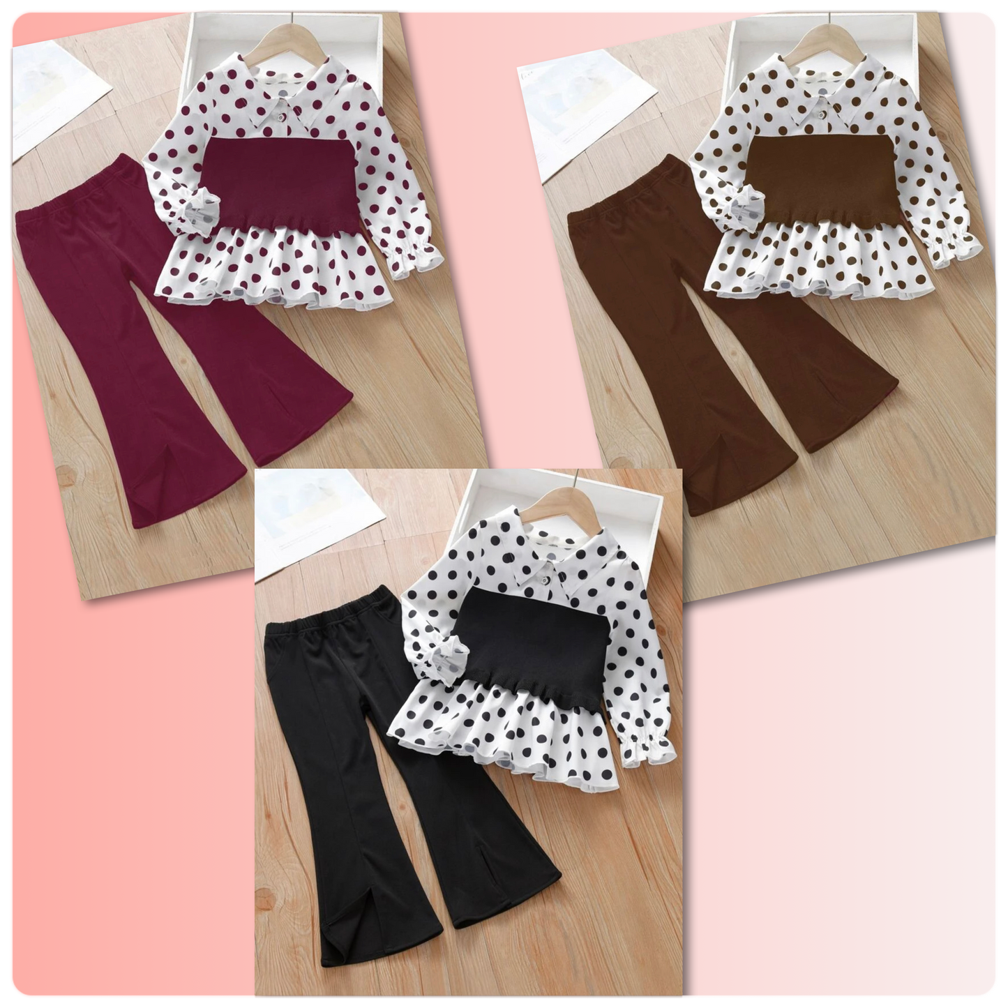 Girls Polka Dot Print Flounce Sleeve Top & Split Hem Flare Leg Pants (Sizes 3 year - 10 year)