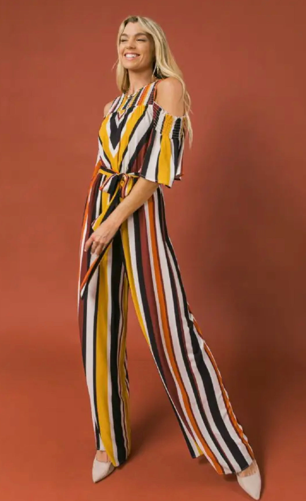 Open Shoulder Stripe Jumpsuit, Sizes Small - Large