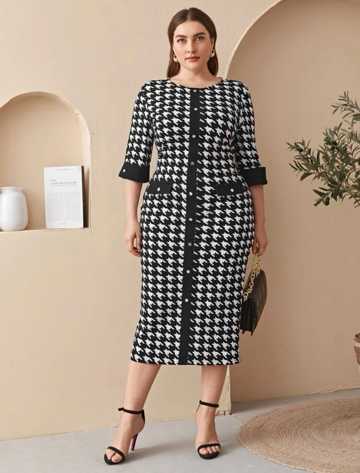 Houndstooth Print Back Slit Dress, US Sizes 12 - 22