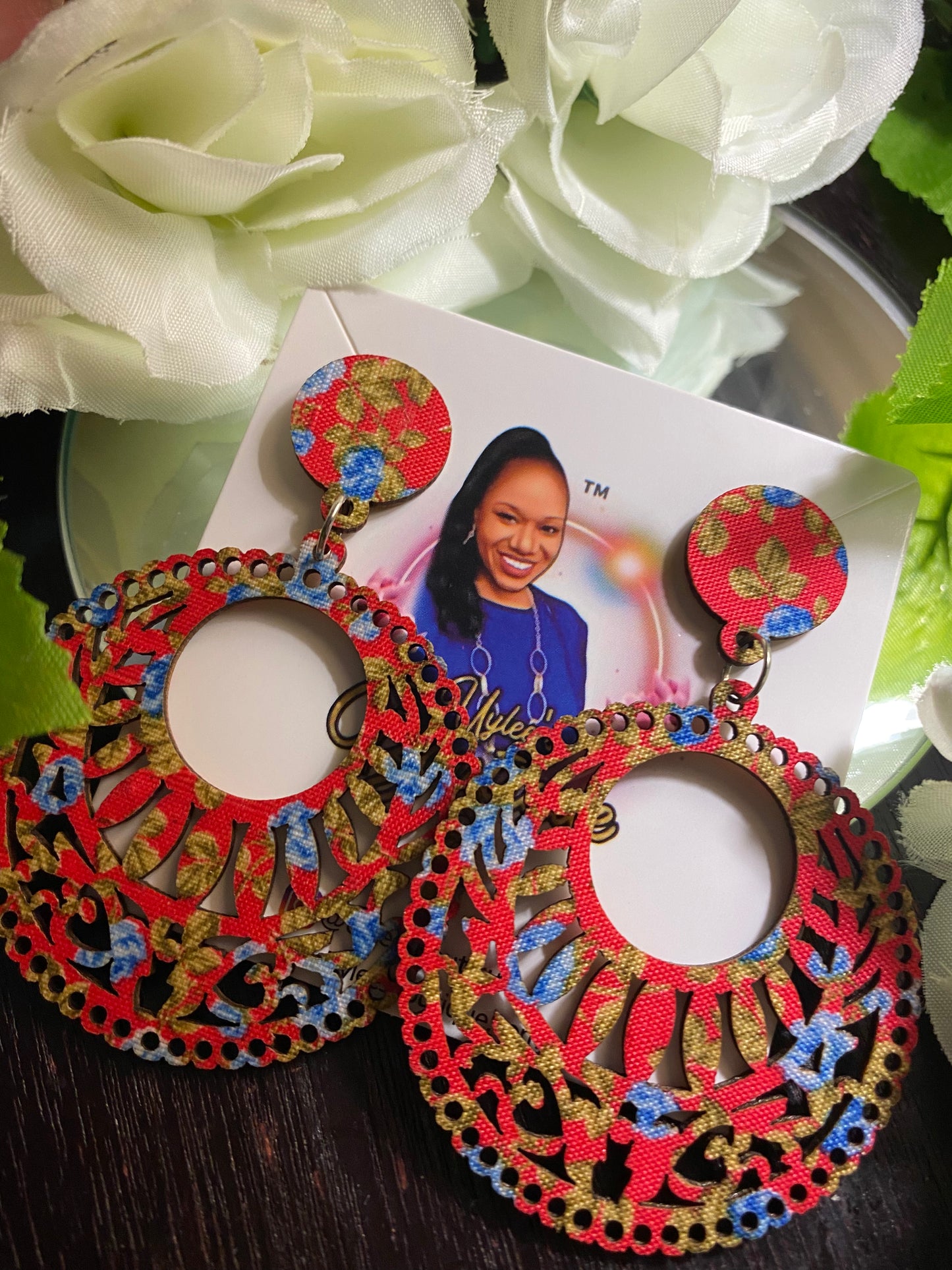 Round Wooden Hand Made African Print Earrings