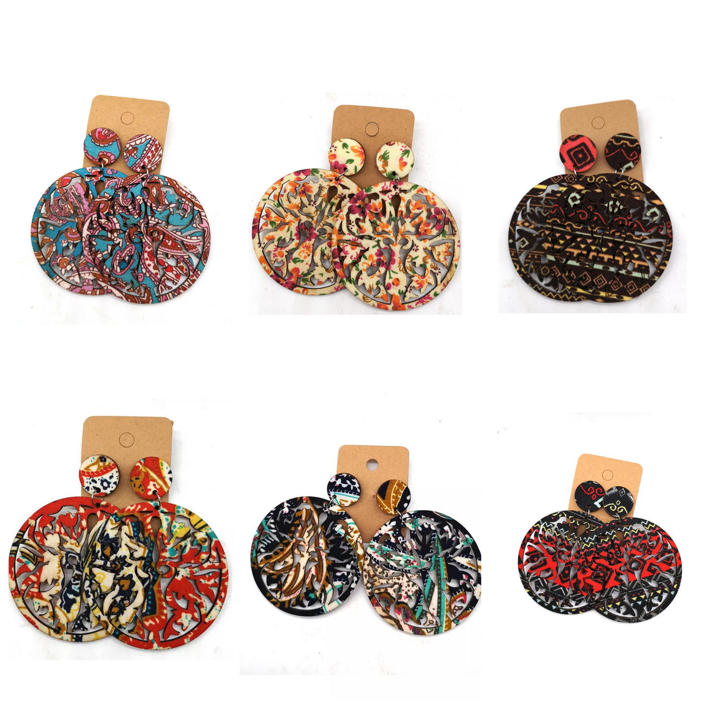 Round Hand Made Fabric African Print Wooden Earrings